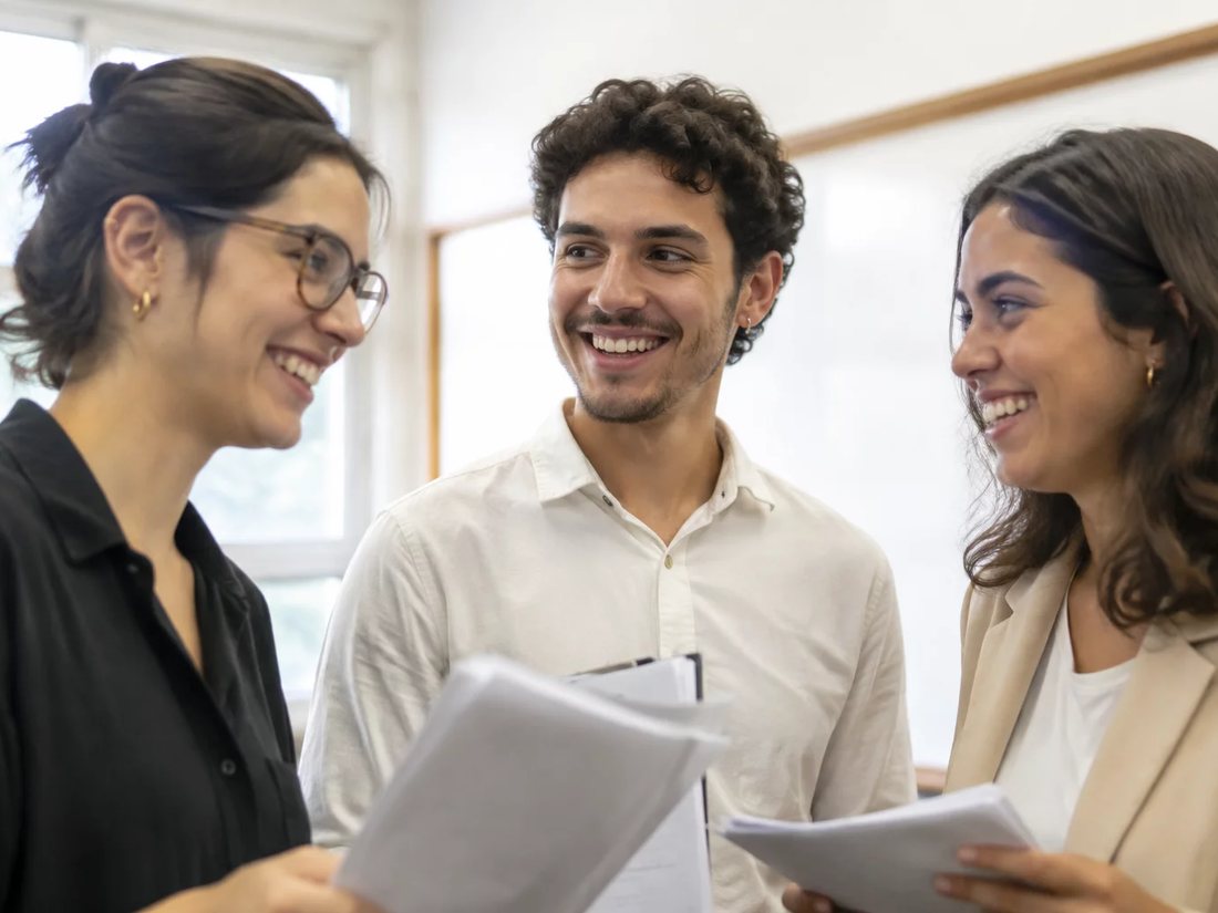 Colegas de mochila nas costas conversando no corredor antes de entrar na sala